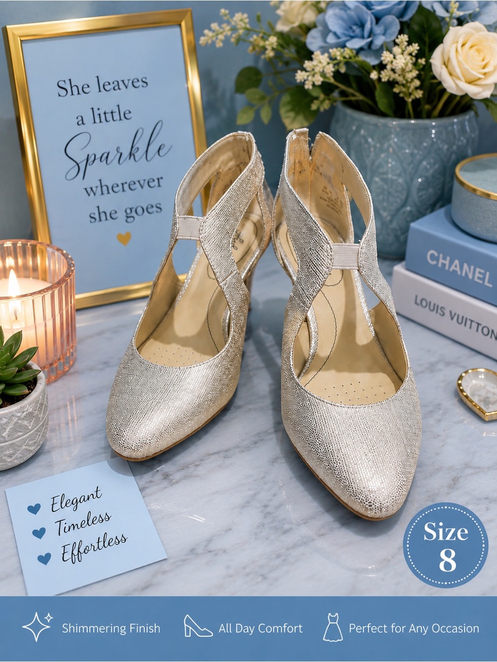 Sparkle Cross-Strap Heels in Silver - Women's Size 9.5
